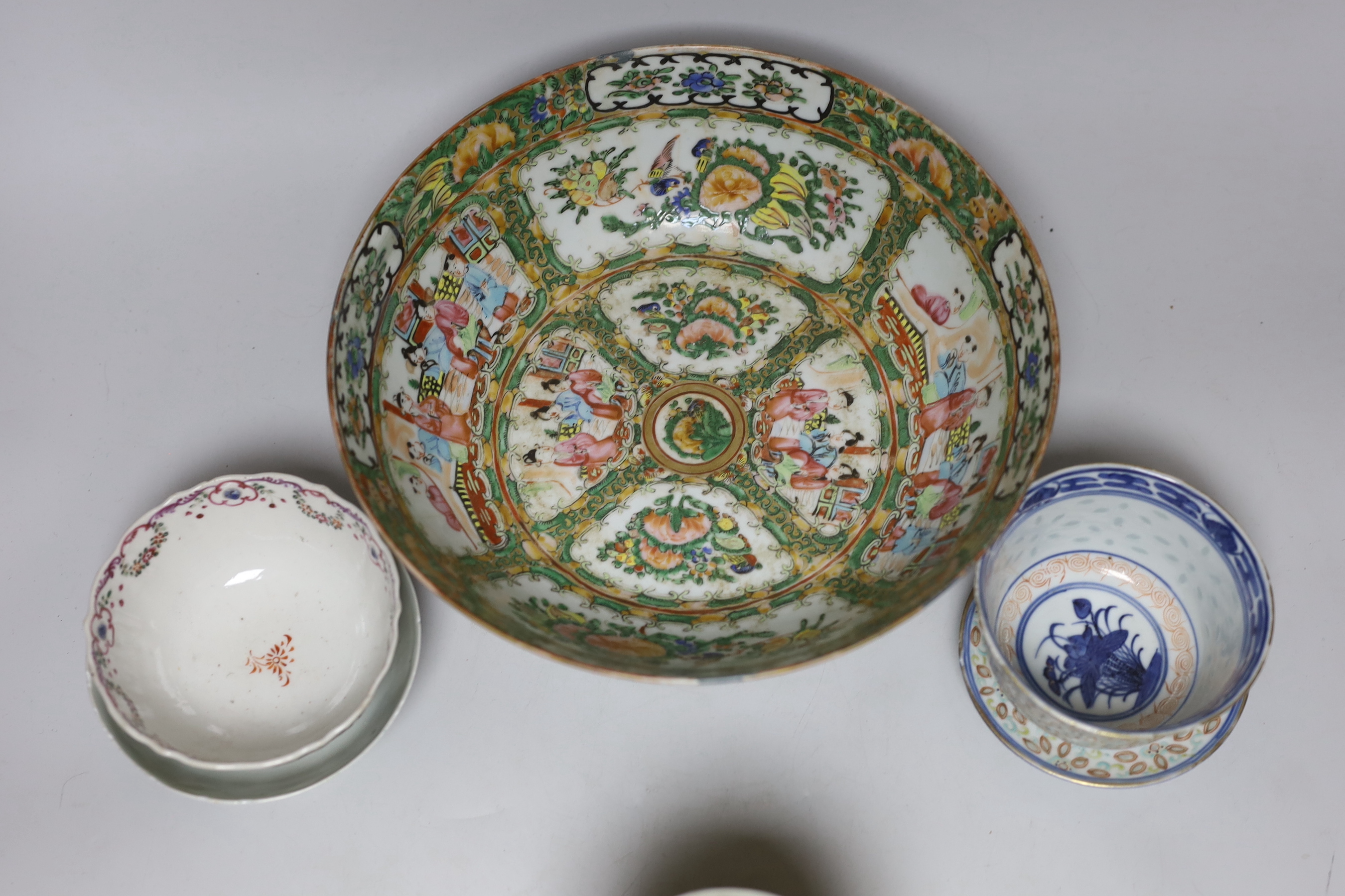 A Chinese celadon brush pot, a Cantonese bowl, two rice bowls and a rice bowl on stand, Cantonese bowl 26cm diameter